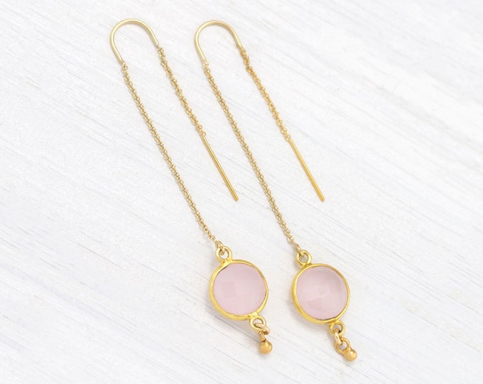 Blush Pink Earrings, Bridesmaid Threaders, Rose Quartz, Dainty Dangle and Drop, Gold Filled Long Chain Earrings, Faceted Gemstone Bezeled