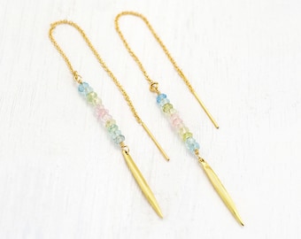 Morganite Aquamarine Threaders, March Birthstone Gift, Ombre Pastel Gemstone Earrings, Delicate Beaded Earring Gold, Bridesmaid Jewelry Gift