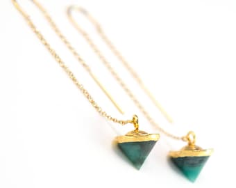 Raw Emerald Earrings Gold, Emerald Threader Earrings, Dainty Ear Threaders, Gift for Girlfriend, May Birthstone Gift, Boho Chic