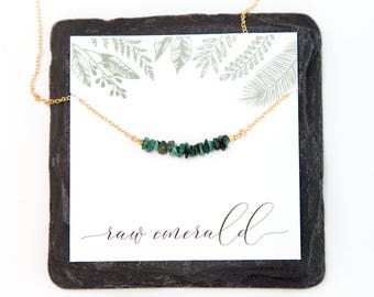 Raw Emerald Gemstone Bar Necklace, May Birthstone Gift, Nature Inspired Jewelry, Gold Filled Sterling Silver Chain Choker, Christmas Gifts