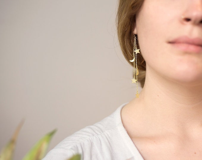 Gold Celestial Earrings, Crescent Moon and Stars, Long Chain Earrings, Charm Earrings, Star Dangle, Festival Boho Jewelry, Silver, Rose Gold