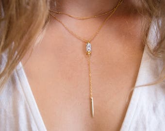 Dainty Lariat Necklace, Stone Bar Necklace, Bar Drop Necklace, Tube Necklace Gold, Gemstone Jewelry Gifts, Spike Jewelry, Y Necklace