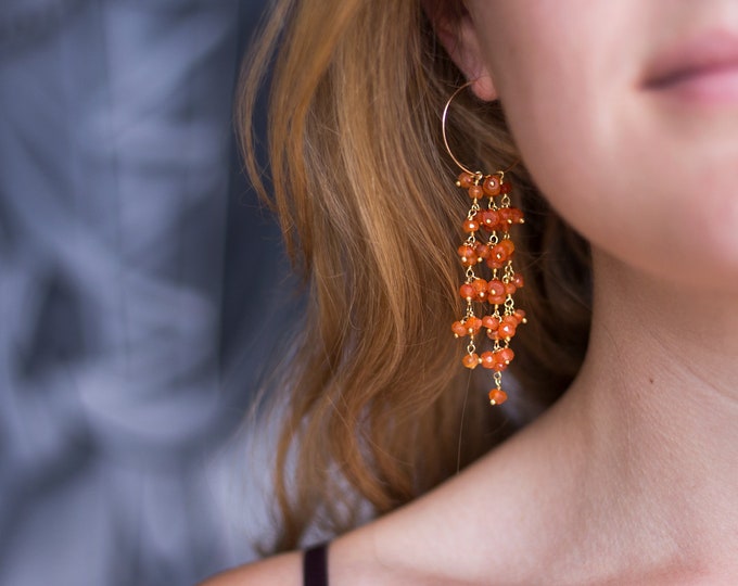 Carnelian Crystal Tassel Earrings, Stone of Attraction,  Orange Gem Jewelry, Summer Statement Hoops, Modern Boho Chic