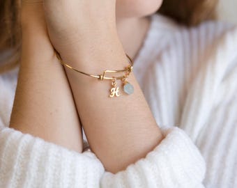 Personalized Birthday Gift, March Birthstone and Initial Bangle Bracelet, Monogram Gift, Gift for Best Friend, Raw Crystal, Gold Initial