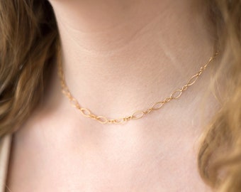 Gold Lace Chain Choker, Circle Oval Necklace, Delicate Thin Layering Chains, Boho Gift, ShimmerNecklace, Simple Everyday Link Necklace, GCC