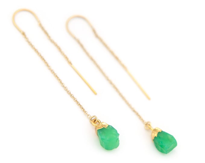 Chrysoprase Earrings, Mint Green Threader Earrings, Dainty Gold Threaders, Tiny Crystal Earrings, Raw Gemstone Threaders, Bridal Gift, TH-N