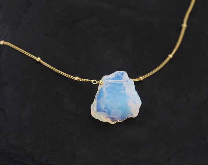Celestial Opalite Necklace, October Birthstone Necklace, Gift for Libra, Rough Stone Choker, Dainty Chain Necklace, Valentine's Gift, NK-ST