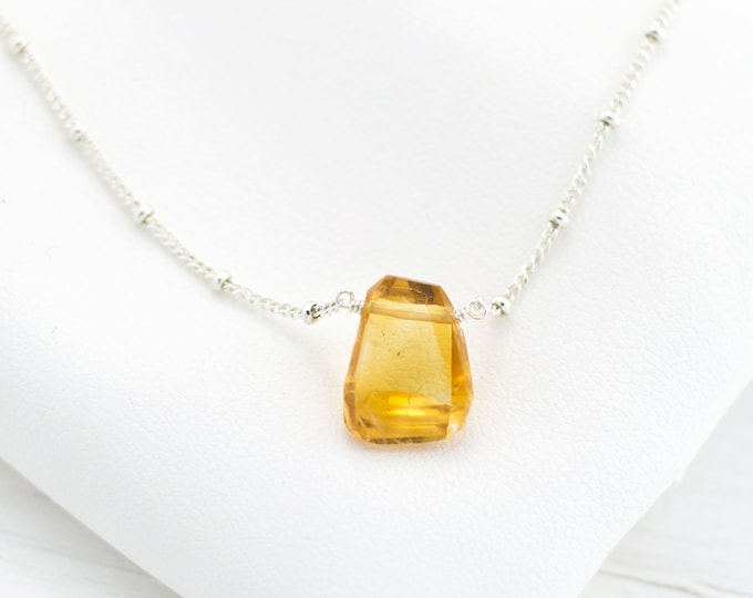 Dainty Citrine Pendant, November Birthstone Gift, Yellow Topaz Gemstone Drop Necklace, Sterling Silver Satellite Chain, Layering Necklace