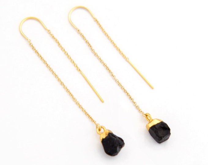 Black Onyx Earrings Gold, Long Dangle Earrings, Raw Crystal Threader Earrings, Dainty Earrings Dangle, Simple Stone, Minimalist Gift, TH-N