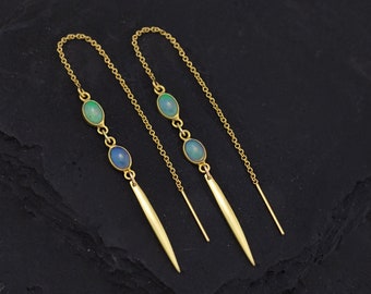 Gold Ethiopian Opal Threader Earrings, Edgy Gold Spike Threaders, Bridesmaid Gift, Minimalist Threader Earrings, Simple Bridal Earrings