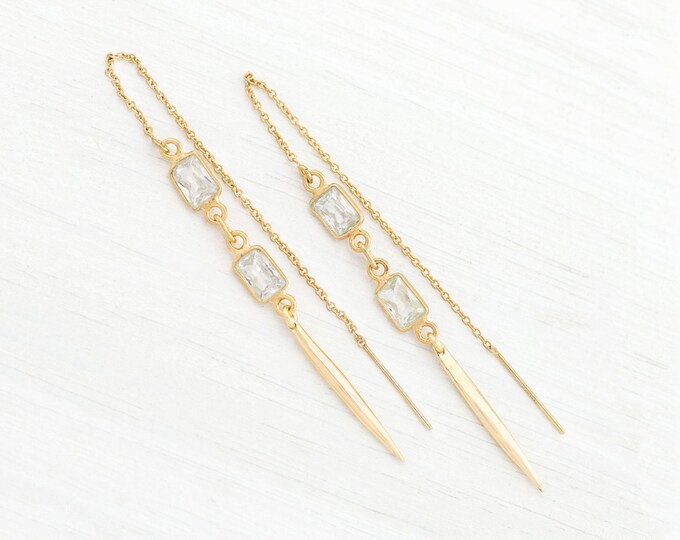 Geometric Crystal Bridal Earrings, Modern Minimalist Threaders, Dainty CZ Bridesmaid Earring Gift, Gold Earrings Dangle, Simple Spike Bar