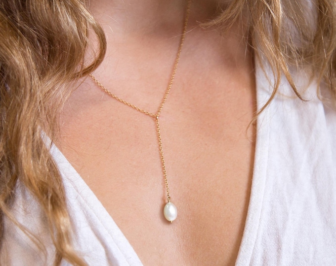 Dainty Pearl Drop Necklace, Minimalist Gold Filled Lariat, Bridesmaid Gift for Her, Beachy Necklace, Simple Layering Y Necklace