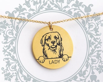 Golden Retriever Necklace, Custom Dog Necklace, Dog Portrait, Dog Mom Gift, Pet Memorial, Custom Engraved Tag, Dog Lover Gift, Pet Loss Gift