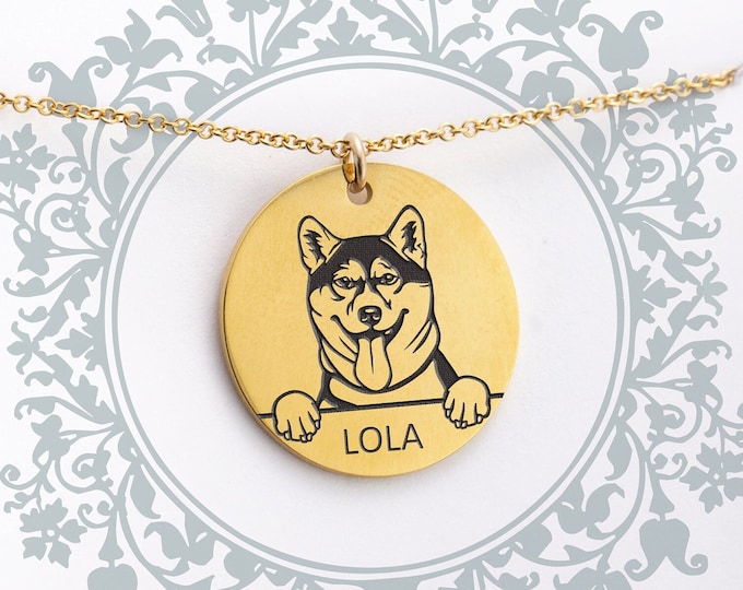 Shiba Inu Dog Portrait Necklace, Shiba Mom Gift, Dog Mom Gift, Personalized Jewelry, Custom Engraved Tag, Dog Lover Gift, Unique Pet Gift