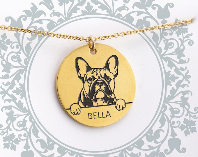 French Bulldog Portrait Necklace, Dog Mom Gift, Pet Memorial Jewelry, Custom Engraved Tag, Dog Lover Gift, Pet Loss Gift, Unique Pet Gift