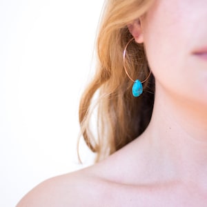 Gemstone Hoop Earrings, Thin Gold Hoops, Genuine Natural Turquoise, Gemstone Drop Earrings, December Birthstone, Minimal Earrings, HP-PS