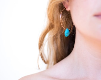 Gemstone Hoop Earrings, Thin Gold Hoops, Genuine Natural Turquoise, Gemstone Drop Earrings, December Birthstone, Minimal Earrings, HP-PS