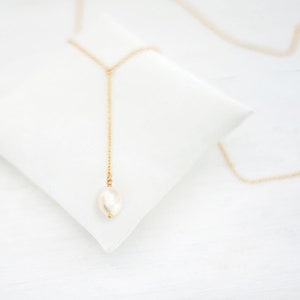 Dainty Pearl Drop Necklace, Minimalist Gold Filled Lariat, Bridesmaid Gift for Her, Beachy Necklace, Simple Layering Y Necklace image 2