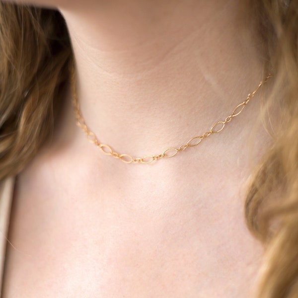 Gold Lace Chain Choker, Circle Oval Necklace, Delicate Thin Layering Chains, Boho Gift, ShimmerNecklace, Simple Everyday Link Necklace, GCC