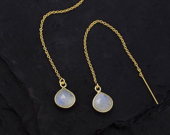 Tiny Rainbow Moonstone Drop Threaders, Dainty Gold Dangle Earrings, Delicate Bridesmaid Earrings, June Birthstone Gift, Boho Crystal Jewelry