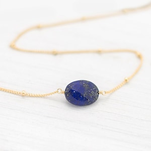 September Birthstone Necklace, Lapis Lazuli Choker, Dainty Bead Chain, Layering Necklace, Wire-Wrapped Stone, Lapis Necklace, Gift For Teen