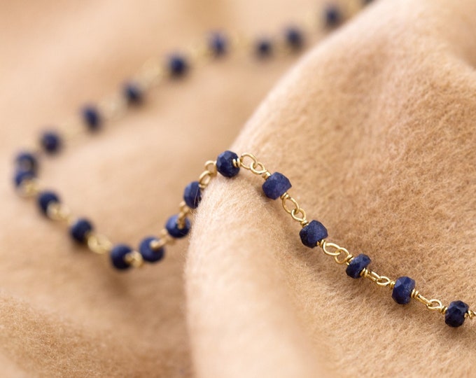 Blue Sapphire Beaded Gemstone Choker Necklace Gold, Handmade Beaded Necklace, Delicate Dainty Jewelry, Beaded Bracelet, September Birthstone