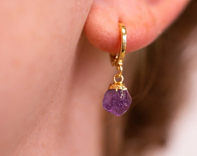 Raw Amethyst Earrings Dangle, Purple Amethyst Drop Earrings, February Birthstones, Gift for Teen Girl, Gold Huggie Hoops Crystals
