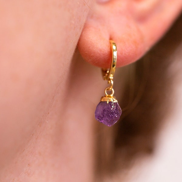 Raw Amethyst Earrings Dangle, Purple Amethyst Drop Earrings, February Birthstones, Gift for Teen Girl, Gold Huggie Hoops Crystals