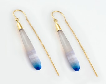 Ombre Blue Chalcedony Dangle Earrings, Light Blue Gemstone Long Drop Threaders, Something Blue Bridal Jewelry, Statement Crystal Earrings