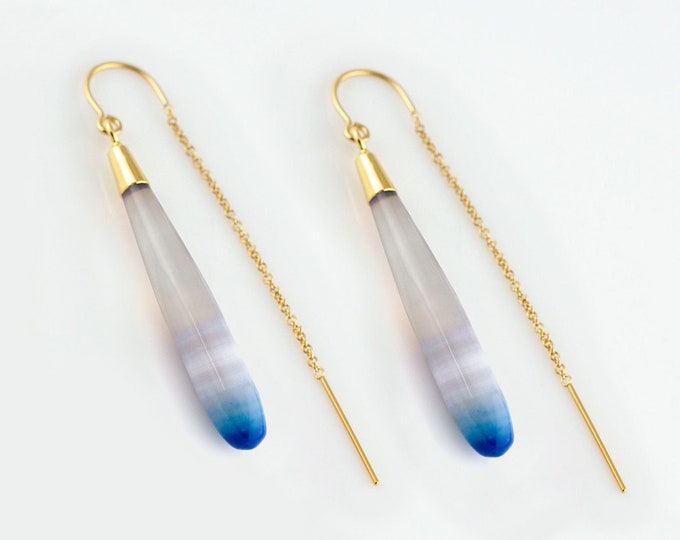 Ombre Blue Chalcedony Dangle Earrings, Light Blue Gemstone Long Drop Threaders, Something Blue Bridal Jewelry, Statement Crystal Earrings