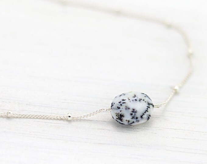 Tiny Stone Pendant, Sterling Silver Minimalist Stone Choker, Dendrite Opal Necklace, Marble Jewelry, White Stone Satellite Chain, Healing