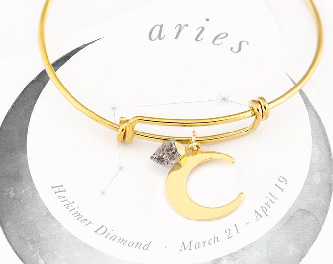 Celestial Aries Zodiac Bracelet Gift, Raw Herkimer Diamond April Birthstone, Gold Crescent Moon Stacking Bangle, Charm Bracelet