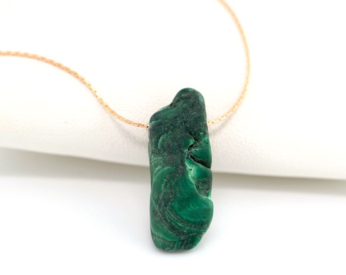 Raw Malachite Necklace, Chakra Crystal  Rough Gemstone, Boho Style, Green Malachite Slab Drop Pendant, Minimalist Crystal Necklace