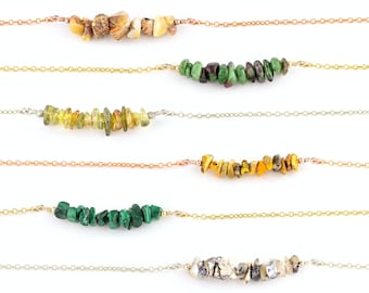 Natural Crystal Bar Necklaces, Beaded Tiny Raw Crystals, Handmade Wire Wrapped Jewelry Gift, Simple Stone Layering Choker Boho Gold Filled