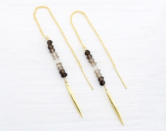 Smokey Quartz Earrings, Simple Stone Drop Threaders, Dainty Gold Threader Earrings, Ombre Jewelry, Girlfriend Gift, Sterling Silver Dangle