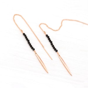 Minimalist Black Onyx Threaders, Rose Gold Dangle Earrings, Simple Bar Drop, Black Beaded Gemstone Earrings, Dainty Everyday Lightweight