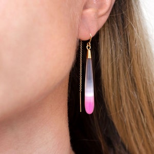 Long Drop Fuchsia Ombre Statement Threader Earring, Fun Unique Pink Crystal Dangle Earrings, Mom Aunt Sister Birthday Gifts