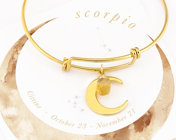 Raw Citrine Crystal  Scorpio Bracelet Gift, November Birthstone Bangle, Gold Crescent Moon Stacking Bangle, Celestial Zodiac Charm