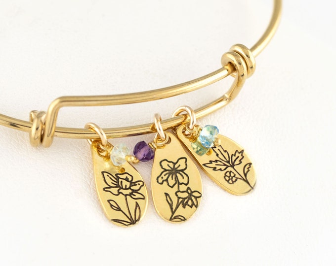 Gold Birth Flower & Birthstone Bracelet, Personalized Jewelry for Mom, Stacking Adjustable Floral Bangle, Meaningful Family Generations Gift