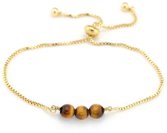 Beaded Tiger Eye Bracelet, Dainty Gold Box Chain,  Natural Gemstones, Bolo Pull Tie Adjustable Bracelet, Gemini Protection Gift
