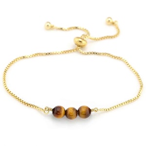 Beaded Tiger Eye Bracelet, Dainty Gold Box Chain,  Natural Gemstones, Bolo Pull Tie Adjustable Bracelet, Gemini Protection Gift