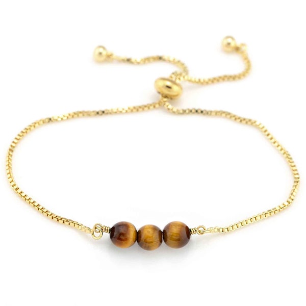 Beaded Tiger Eye Bracelet, Dainty Gold Box Chain,  Natural Gemstones, Bolo Pull Tie Adjustable Bracelet, Gemini Protection Gift