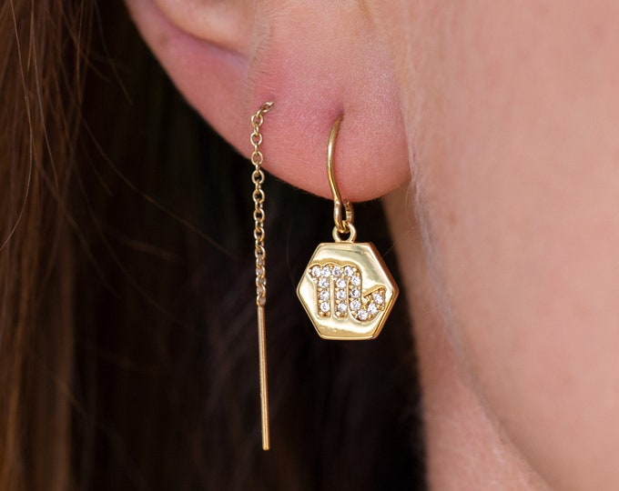 Gold Filled Earrings, Long Zodiac Sign Earring Threader, Scorpio Taurus Dainty Minimalist Earrings, Dangle Earrings, Perfect Gift, Horoscope