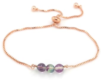 Crystal Bracelet, Rainbow Fluorite Gemstones, Rose Gold Adjustable Bracelet, Positive Energy Gift, Christmas Stocking Stuffer