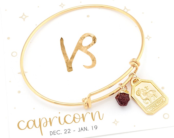 Capricorn Charm Bangle, January Garnet Birthstone, Boho Adjustable Stacking, Celestial Zodiac Tag Bracelet, Astrological Horoscope Jewelry