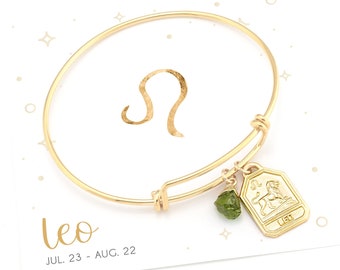 Leo Star Sign Bracelet, Raw Peridot Crystal Bracelet, August Birthday Gift, Celestial Tag Bangle, Personalized Zodiac Horoscope Bracelet