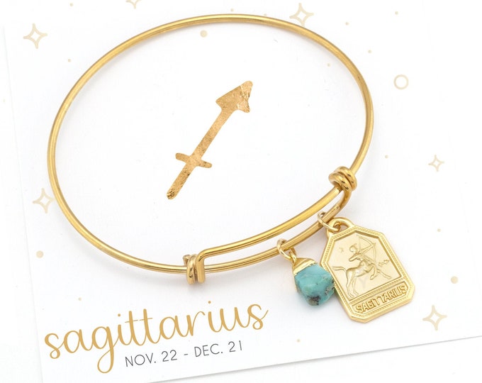 Sagittarius Zodiac Charm Bangle Bracelet, Rough Raw Turquoise Crystal Constellation Birthstone Bracelet, Birthday Gift for Her