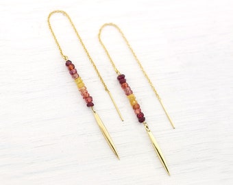 Yellow Sapphire Earrings, Gemstone Bar Drop Threaders, Ombre Jewelry, Genuine Gemstone Threader Earrings, Birthday Gifts, Autumn Jewelry