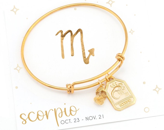 Scorpio Zodiac Charm Bangle Bracelet, Rough Raw Citrine Crystal Constellation Birthstone Bracelet, Birthday Gift for Her