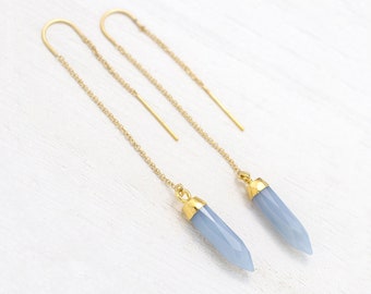 Blue Opal Threaders, Bridesmaid Earrings, Something Blue Jewelry, Special Occasion Gift for Her, Gold Filled Gemstone Dangle, Birthday Gift